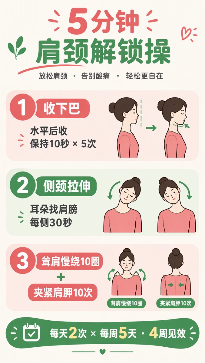 5分钟肩颈解锁操信息图:收下巴保持10秒×5次、侧颈拉伸每侧30秒、耸肩慢绕10圈+夹紧肩胛10次,每天2次每周5天4周见效