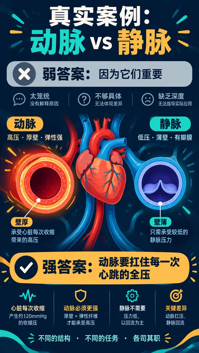 真实案例 — 动脉与静脉:弱答案 vs 强答案