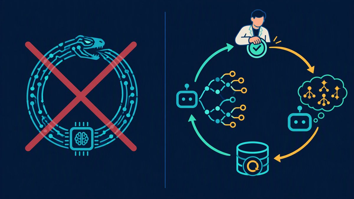 Infographic — the hype's closed self-improvement loop crossed out, versus Dream-RSI's open loop where agent discoveries flow through a replay simulator and a human approval gate