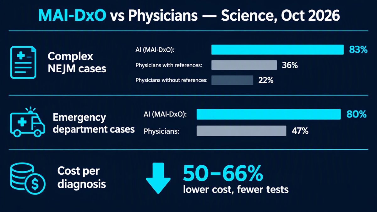 Infographic: MAI-DxO vs physicians — 83% vs 36% on complex NEJM cases, 80% vs 47% on emergency cases, 50-66% lower cost per diagnosis
