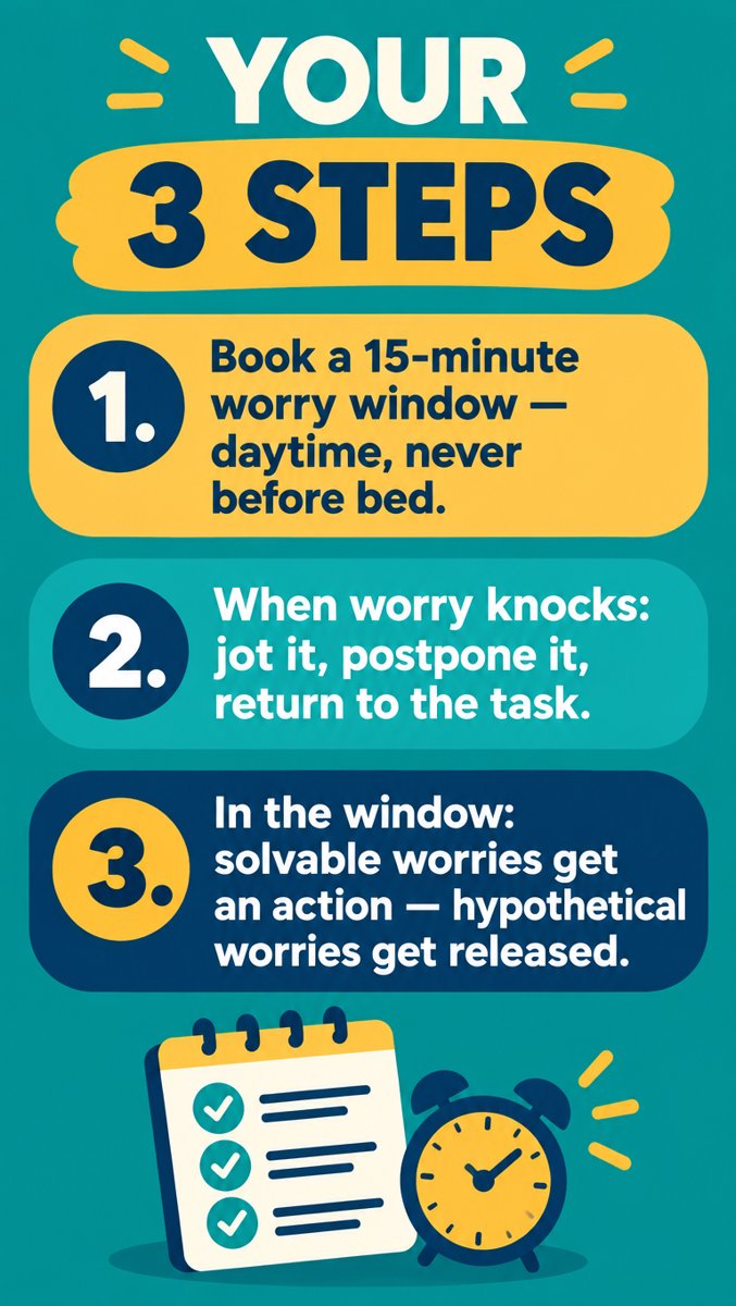 Your 3 Steps — book a daytime 15-minute window, jot and postpone each worry, act on the solvable ones