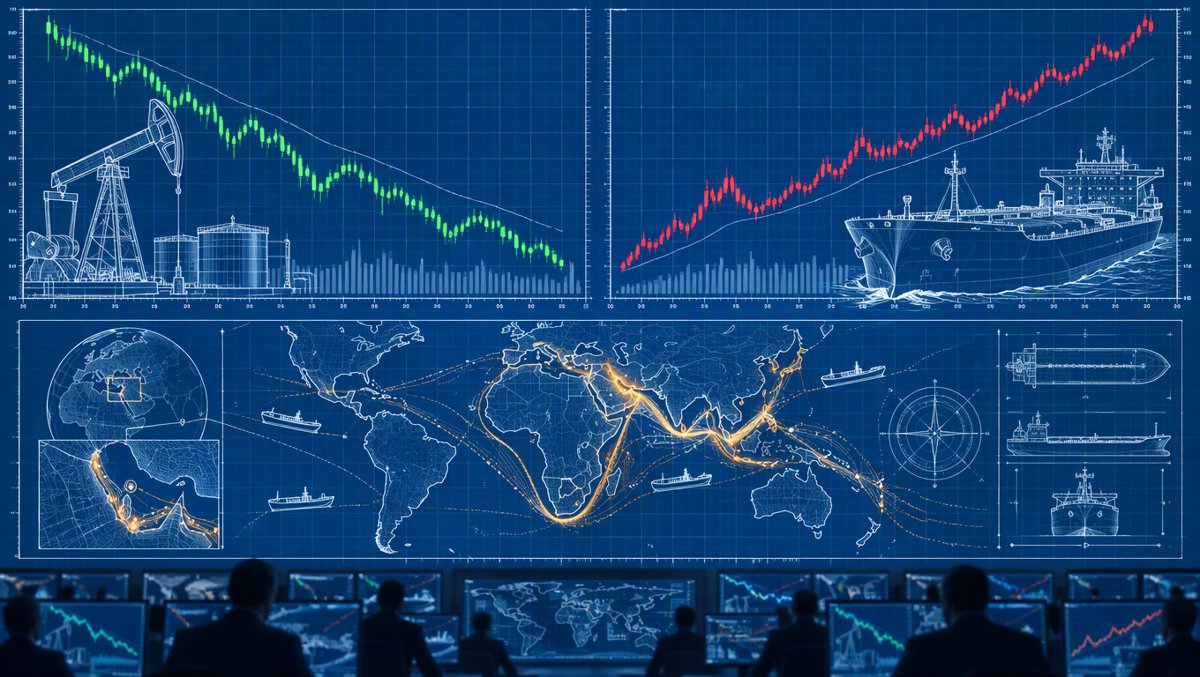 Data visualization scene: oil crashing while tanker rates hit records