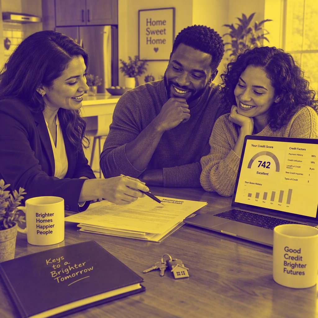 Advisors helping a couple review mortgage options at a kitchen table