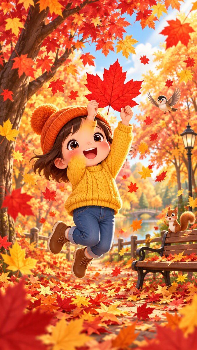 Maple leaf scene — a child catches a falling maple leaf in the autumn park