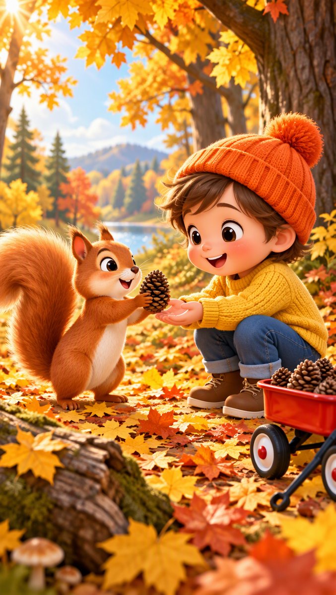 Pinecone scene — a friendly squirrel gives the child a pinecone