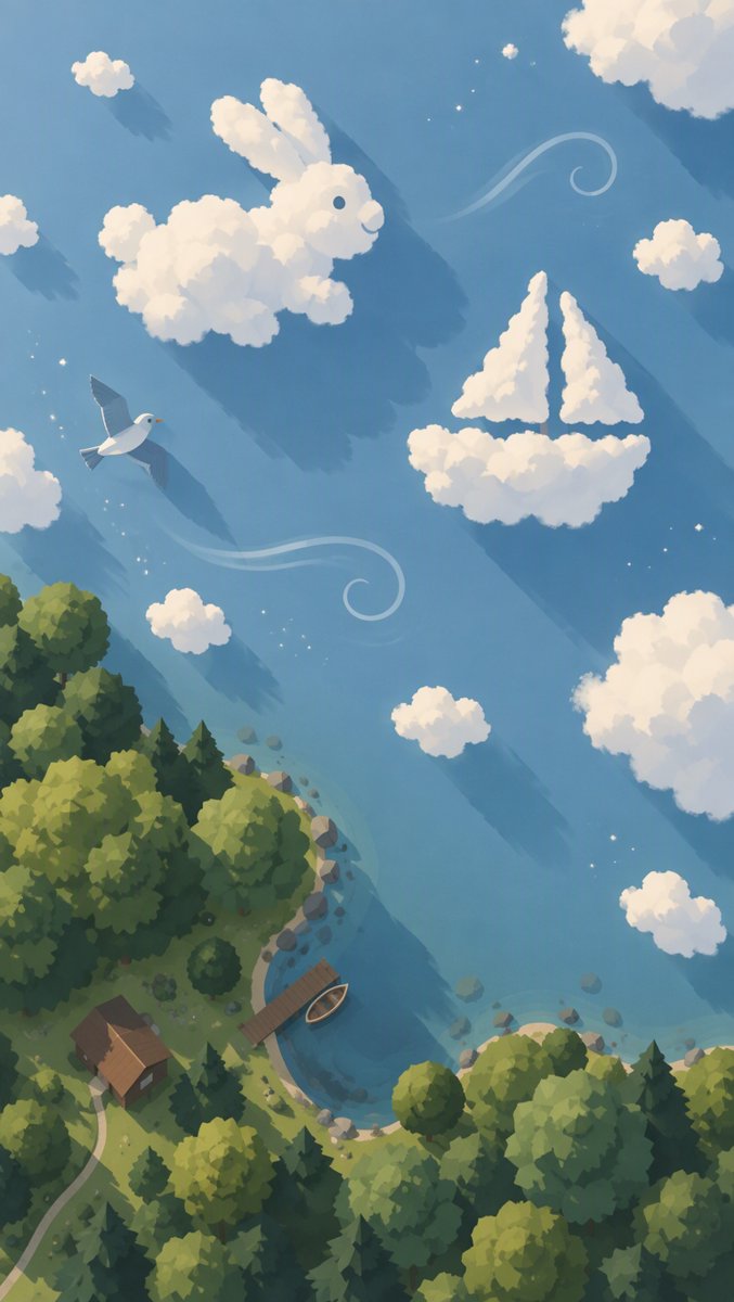 Bunny and boat shaped clouds drifting — scene