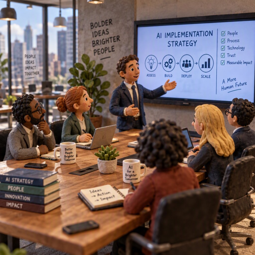 Actionable advice scene — consultants and executives working through an AI implementation strategy session