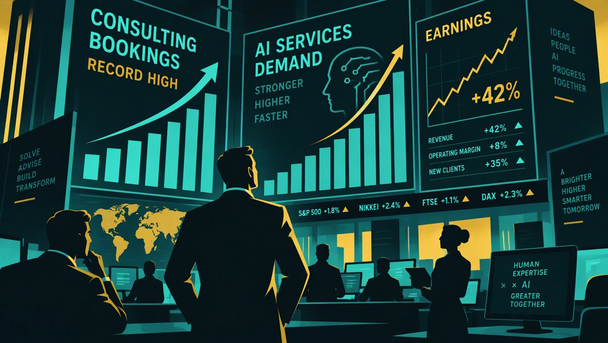 Data visualization scene — holographic financial charts and surging bookings curves on a dark trading floor