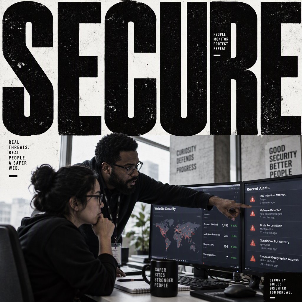 IT security professionals reviewing website security dashboards in modern office