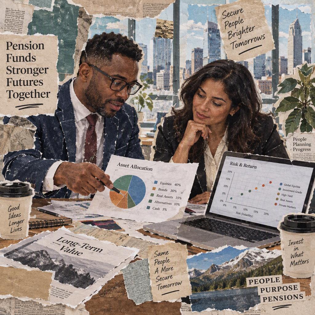 Two financial advisors reviewing pension allocation documents and risk charts in a glass office
