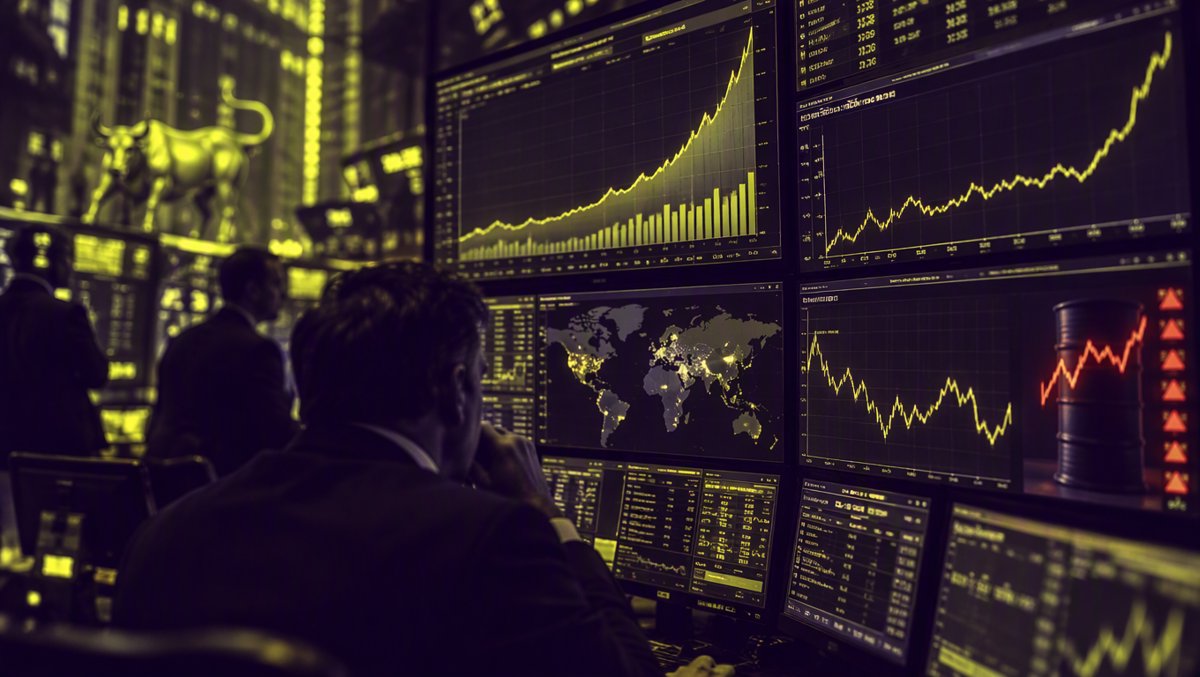 Trading floor terminals glowing with yield curves and capex charts during a bond selloff