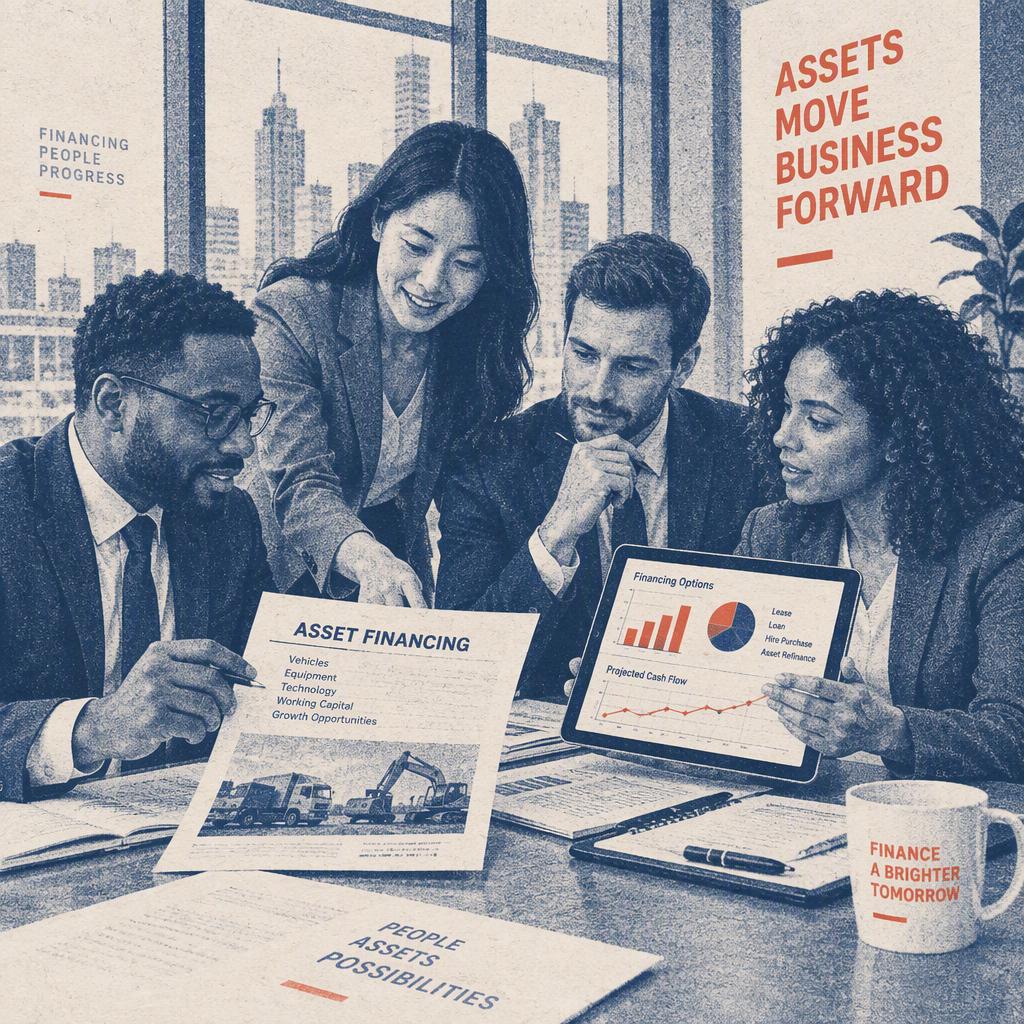 Professional scene: business professionals reviewing financing documents and dashboards in a modern office