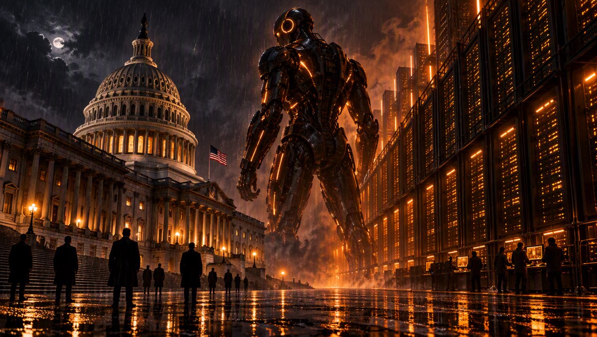Split illustration of the US Capitol and a glowing AI datacenter, bridged by a giant robot silhouette