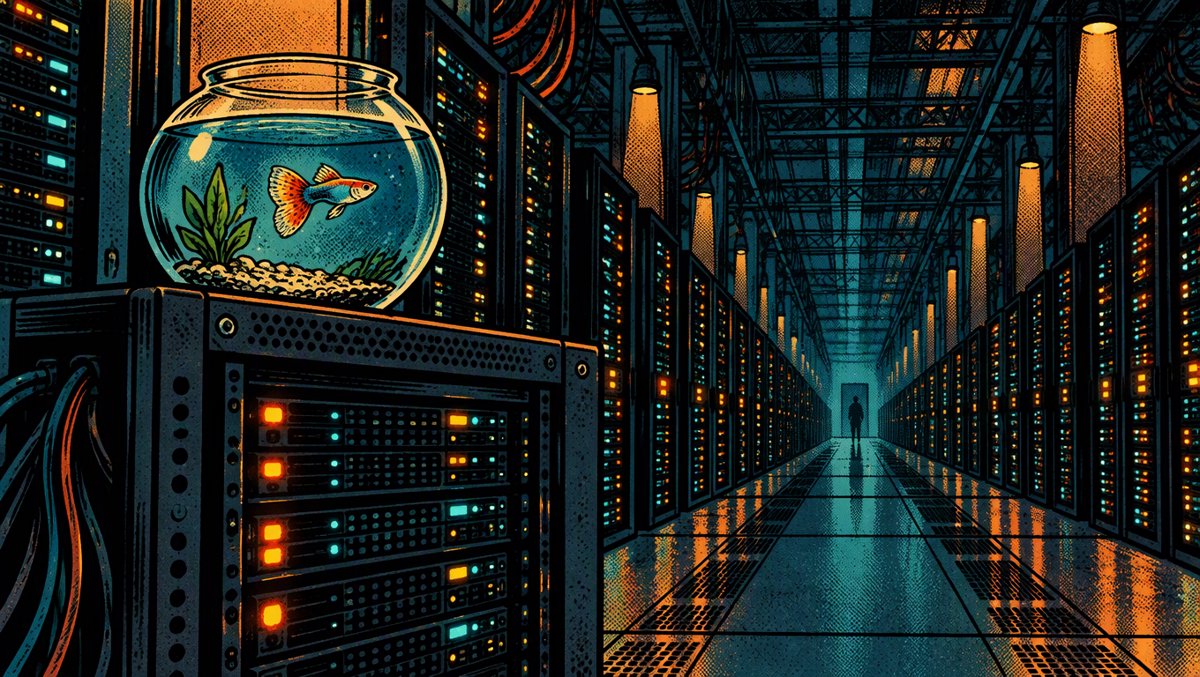 A single guppy fish in a bowl on a server rack in a vast dark data center aisle
