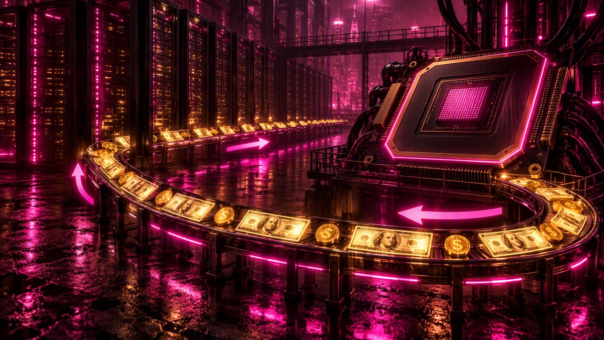 Conceptual render: dollar bills and coins circulating in a closed loop between data center racks and a giant GPU chip