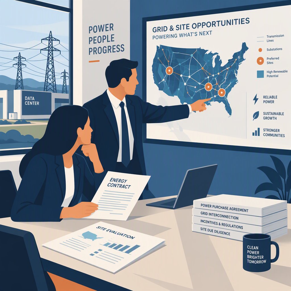 Actionable advice scene — professionals reviewing energy contracts and site maps