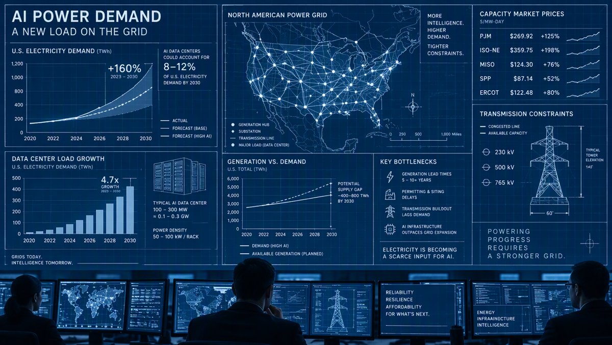 Data visualization scene — energy grid dashboards and demand charts under strain