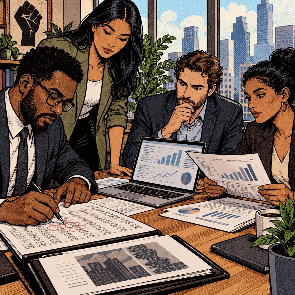 Actionable advice scene: professionals reviewing portfolio documents calmly