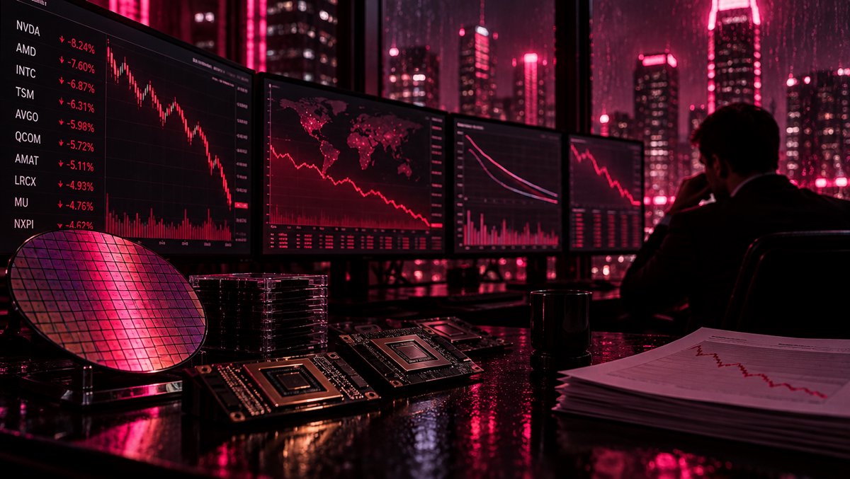 Data visualization scene: semiconductor charts and falling market dashboards