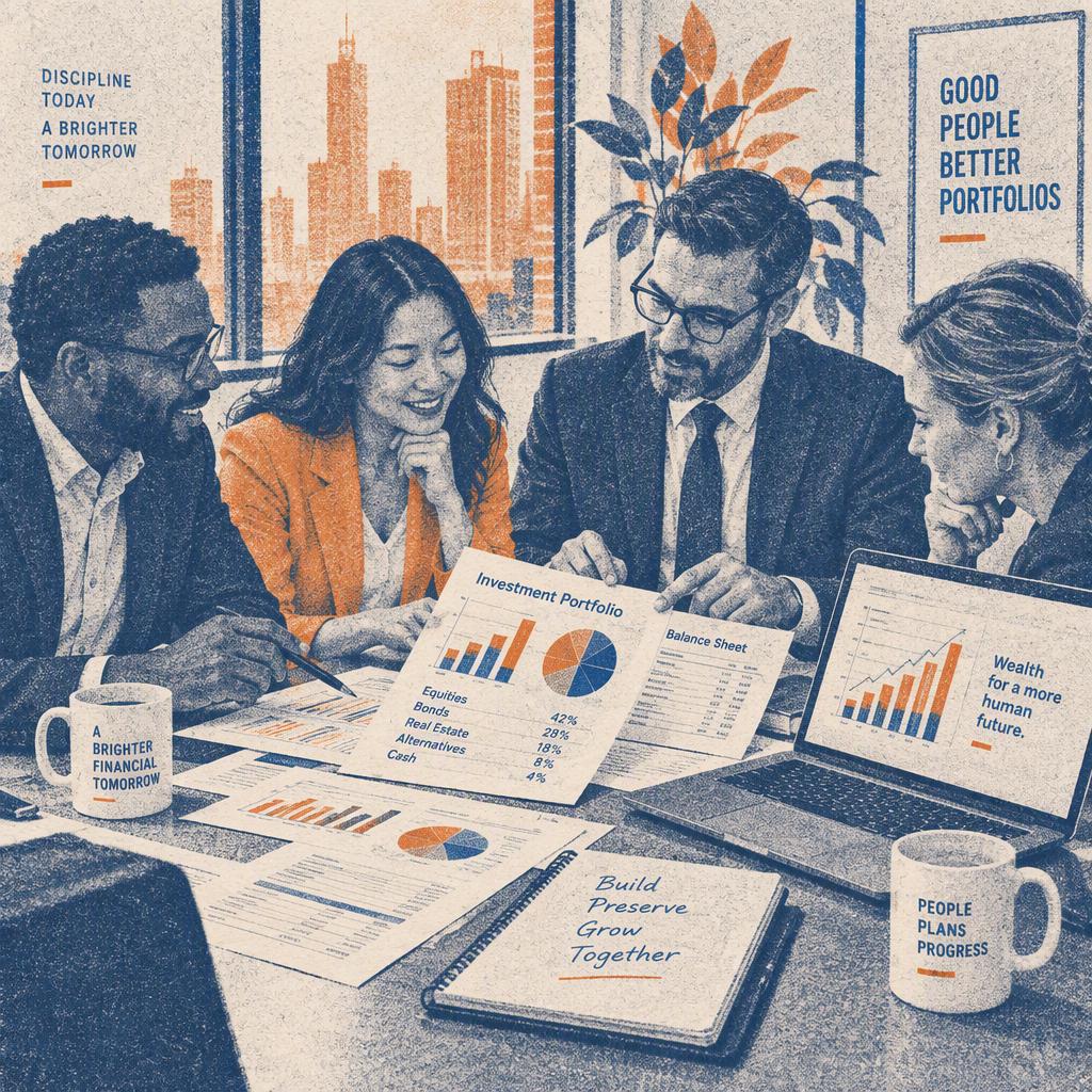 Actionable advice scene — professionals reviewing portfolio balance sheets around an office table