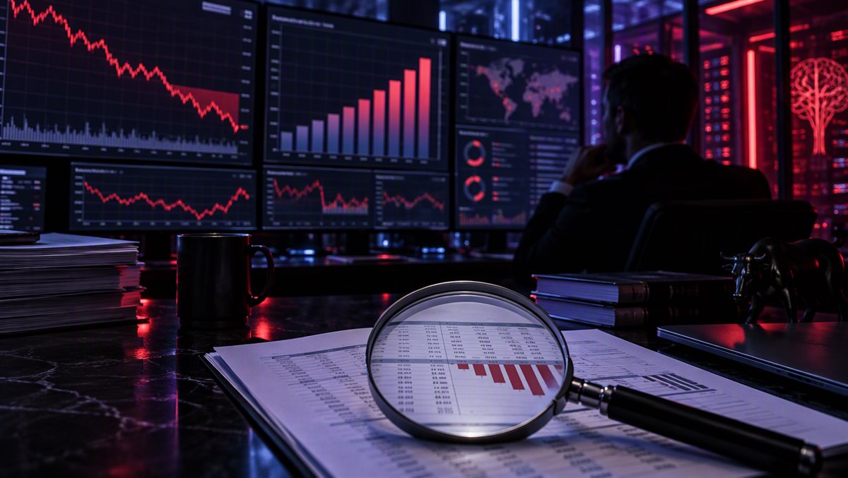 Data visualization scene — financial charts and declining cash flow curves under an auditor's magnifying glass