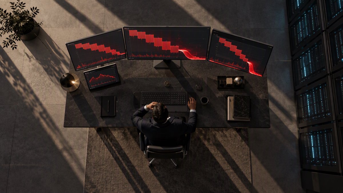 Trading terminal with red free-cash-flow waterfall charts — Alphabet's cash going out faster than it comes in