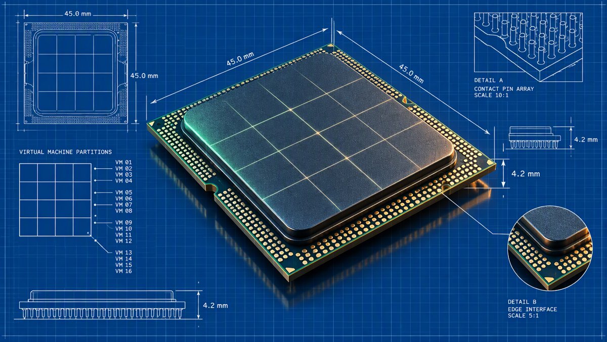 Macro of a server CPU with light-lines partitioning its surface into virtual machine sections
