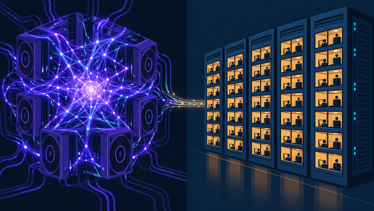 Split illustration — a glowing GPU neural lattice on the left, orderly partitioned CPU racks on the right