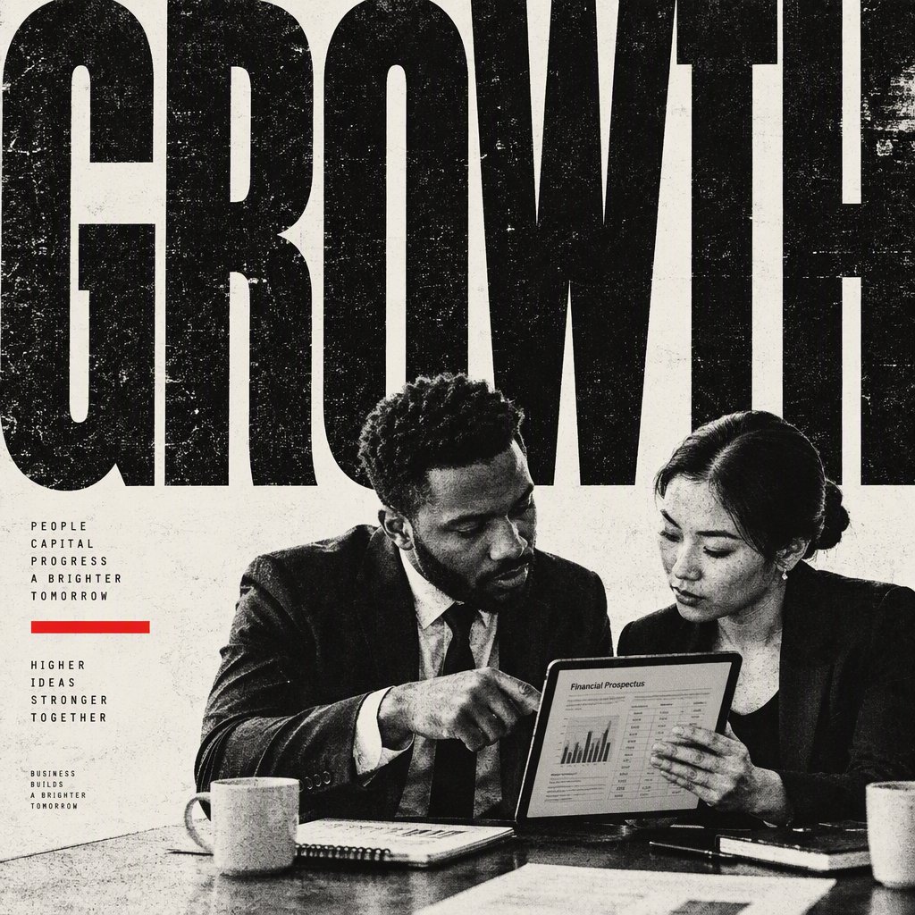 Two business professionals reviewing a financial prospectus together in a modern office