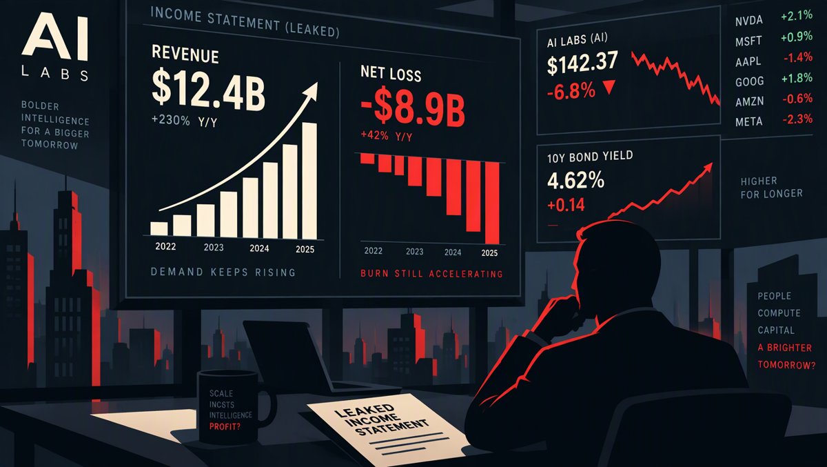 Data visualization scene: glowing income statement charts showing revenue surging while loss counters burn red