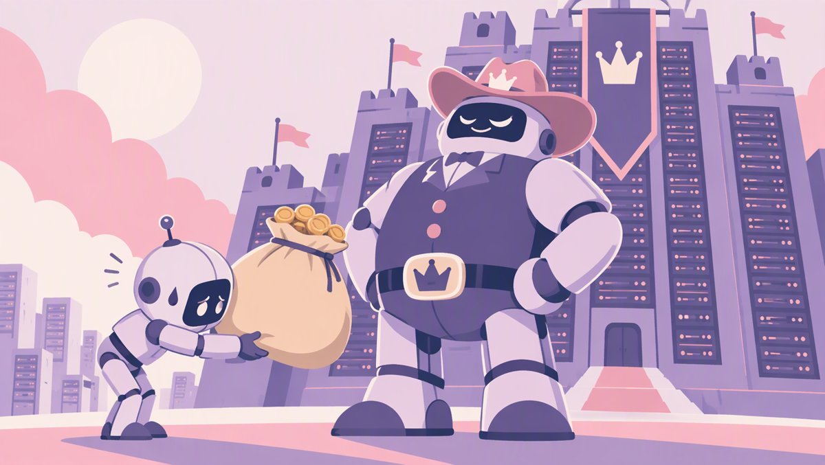Watercolor cartoon: a nervous cute robot tenant bows politely while handing an enormous sack of gold coins to a smug cowboy-hatted landlord robot in front of a towering server fortress