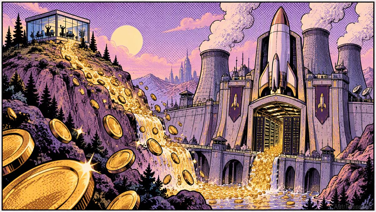 Watercolor diagram of a river of golden coins flowing from a small modern glass office building down into a giant rocket-themed data center fortress with cooling towers