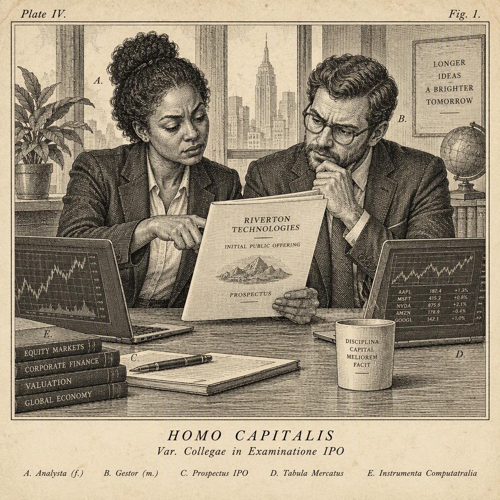 Two investment professionals reviewing an IPO prospectus together in a modern office