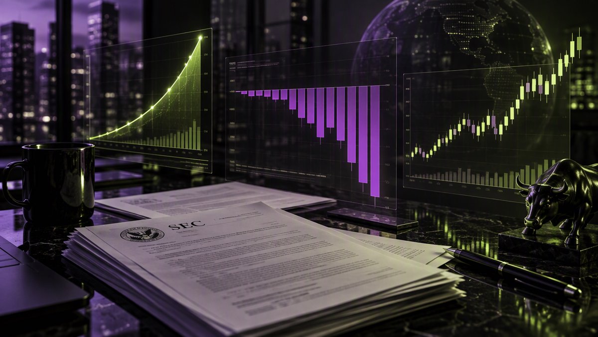 Data visualization scene — holographic financial charts over a dark desk with SEC filing pages