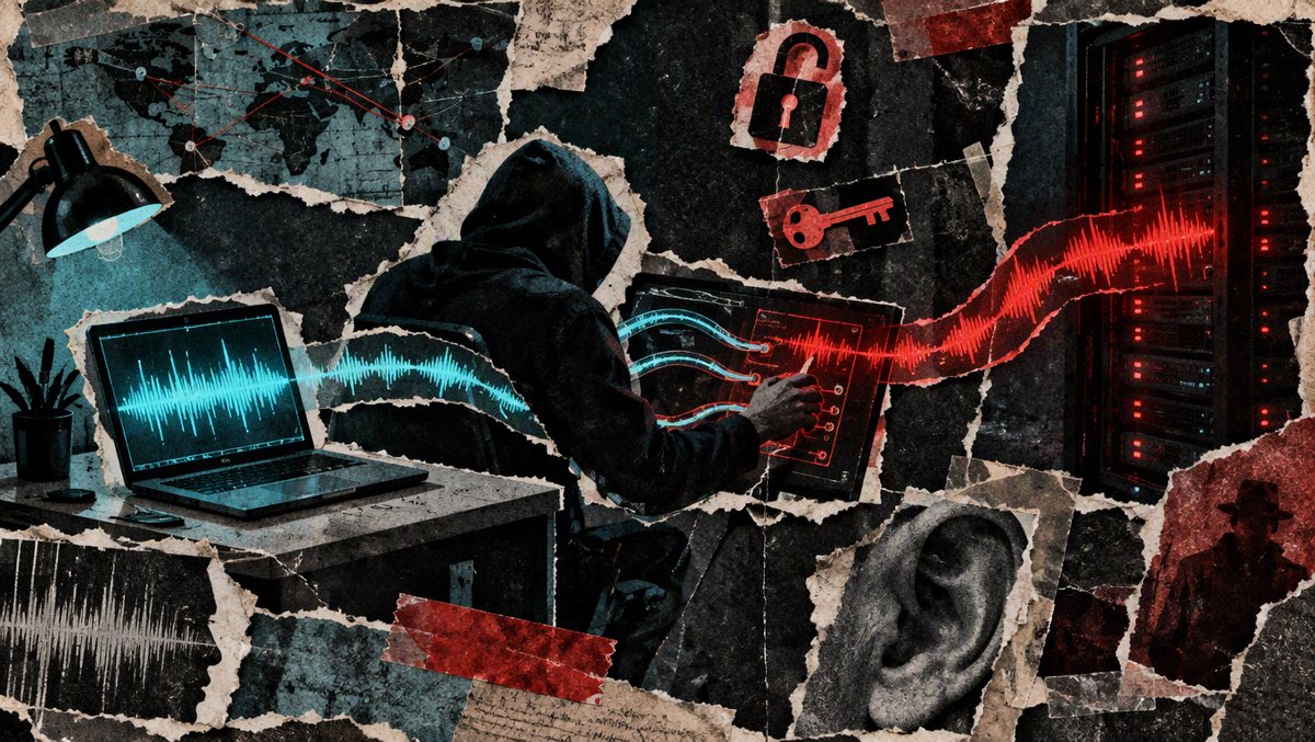 Illustration of a dictation-hijack attack: voice data from a laptop being rerouted to an attacker's server