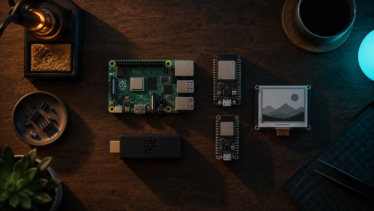 A tinkerer's workbench with a Raspberry Pi, ESP32 boards and e-ink display — the new Muse hardware frontier