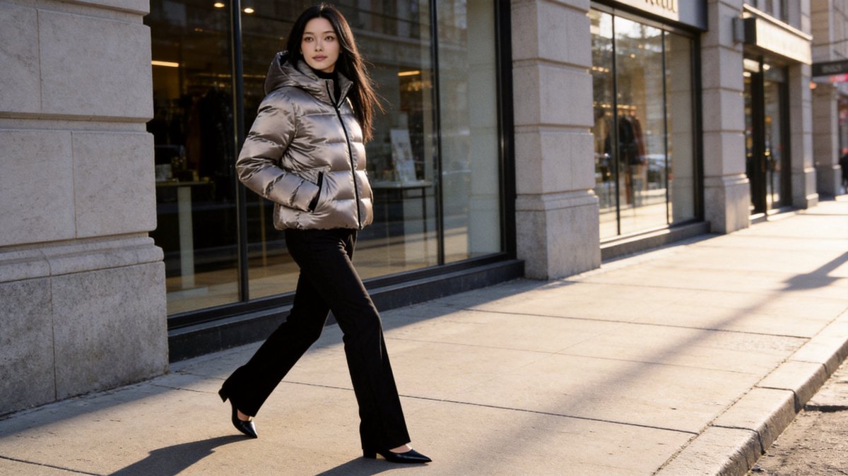 Ava walking downtown in a liquid-pewter metallic glossy hooded puffer zipped to the collar