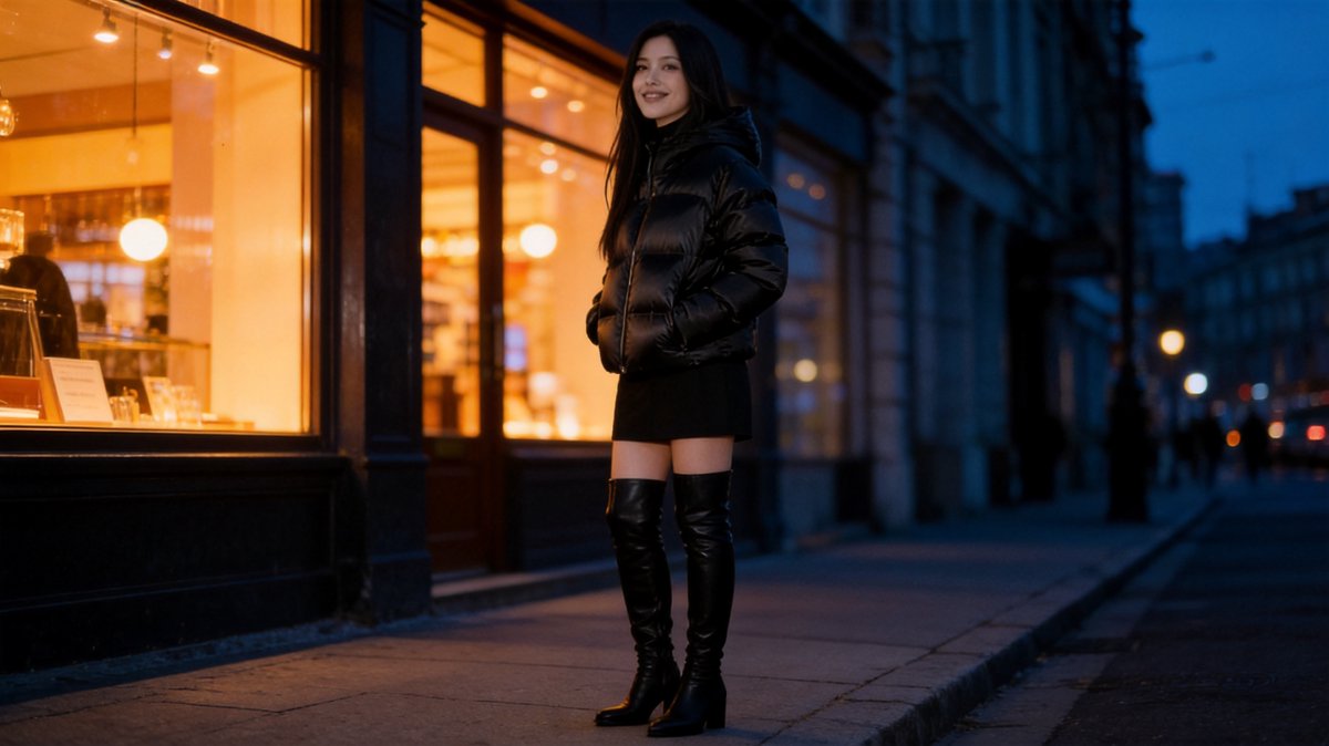 Ava in a glossy black AlpenGlaze puffer with black mini skirt and over-the-knee boots at dusk