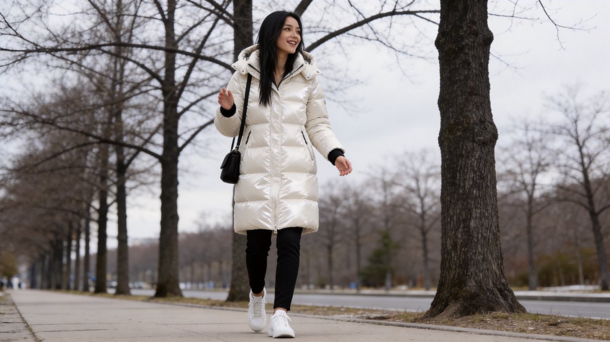 Ava in a cream long hooded down parka on a bare winter sidewalk