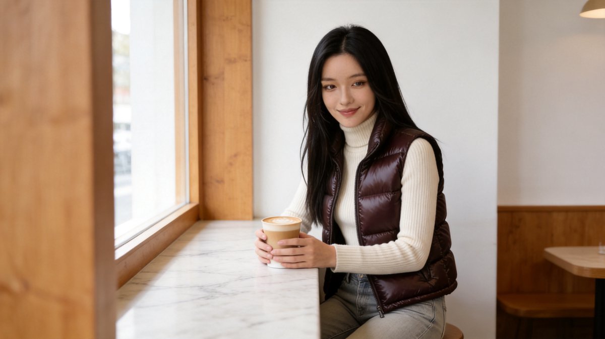 Ava at a café counter wearing an espresso-brown glossy puffer vest over a cream turtleneck