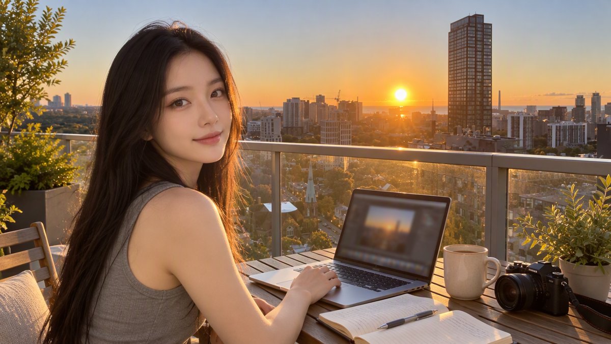 Ava at a table on the sun deck, laptop and notebook open beside her camera, golden morning light over the lake and skyline