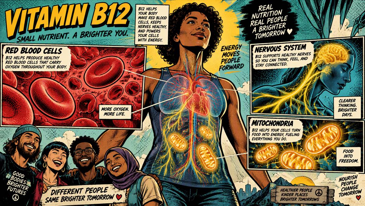 Illustration of B12 supporting red blood cells, nerves, and glowing mitochondria