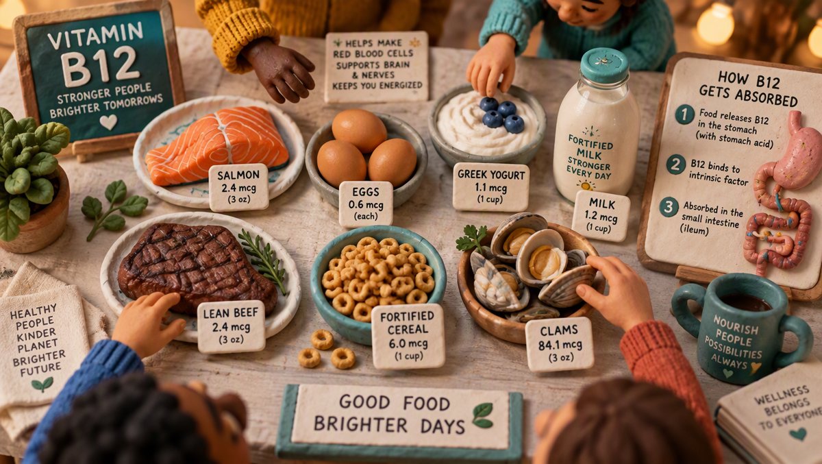 Flat-lay of B12-rich foods including salmon, eggs, yogurt, and fortified cereal
