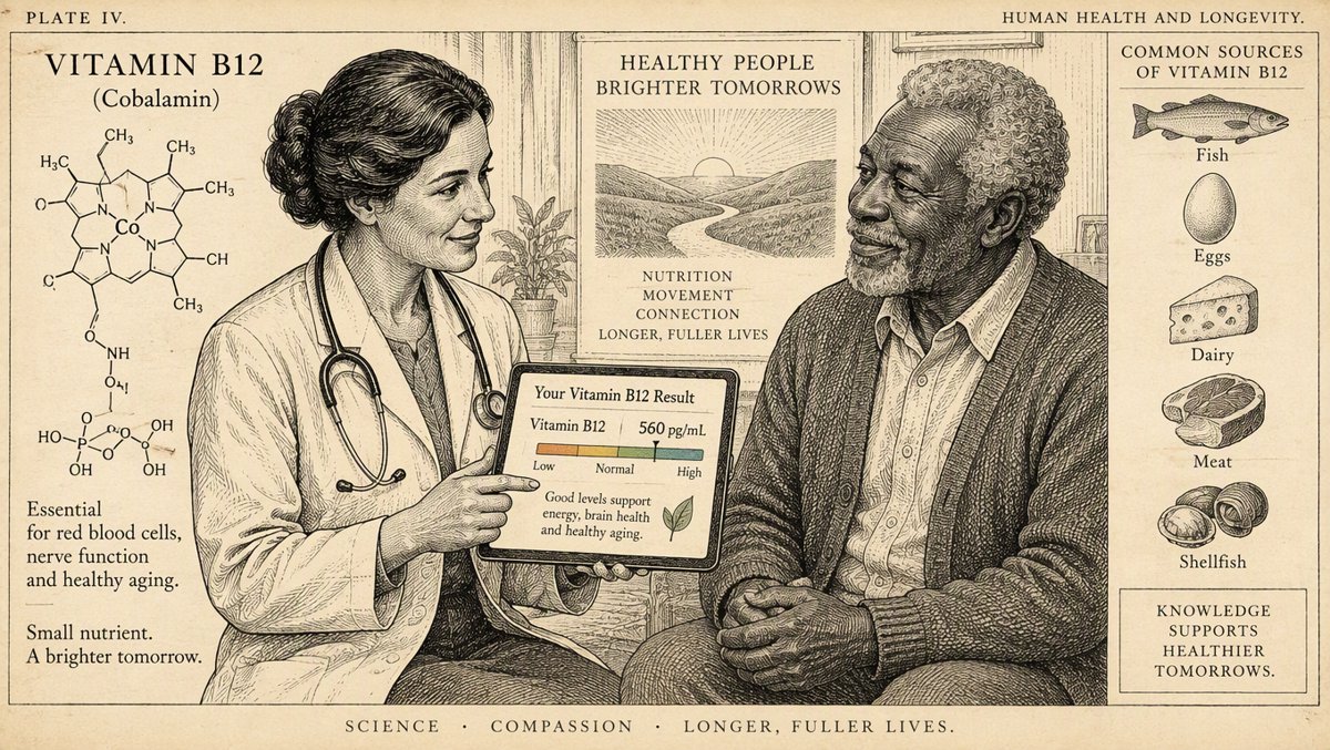 A doctor explaining B12 lab results to an older adult in a bright clinic