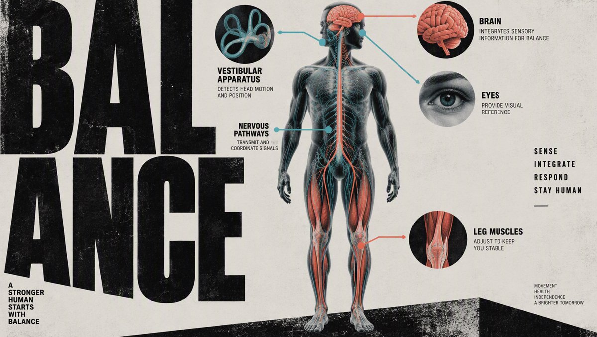 Infographic of the human balance system — inner ear, brain, eyes, and nerve pathways down to the leg muscles