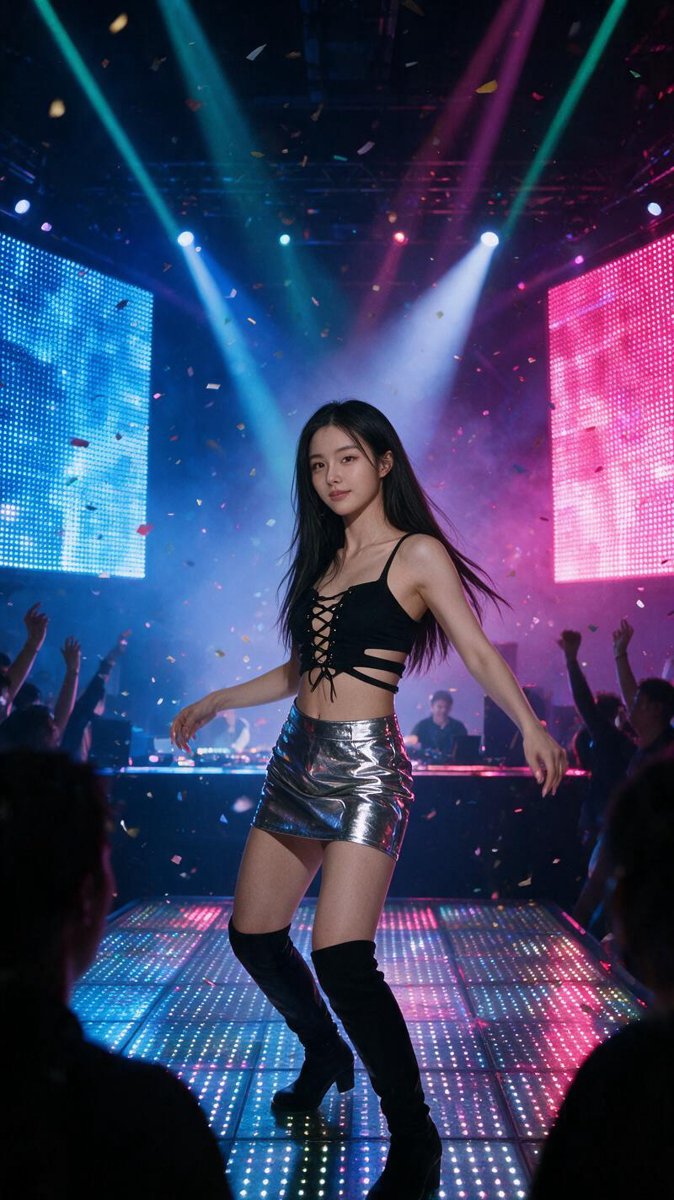 Cindy in crop top and thigh-high boots dancing on an LED dance floor in an RCA Bangkok nightclub with lasers and confetti