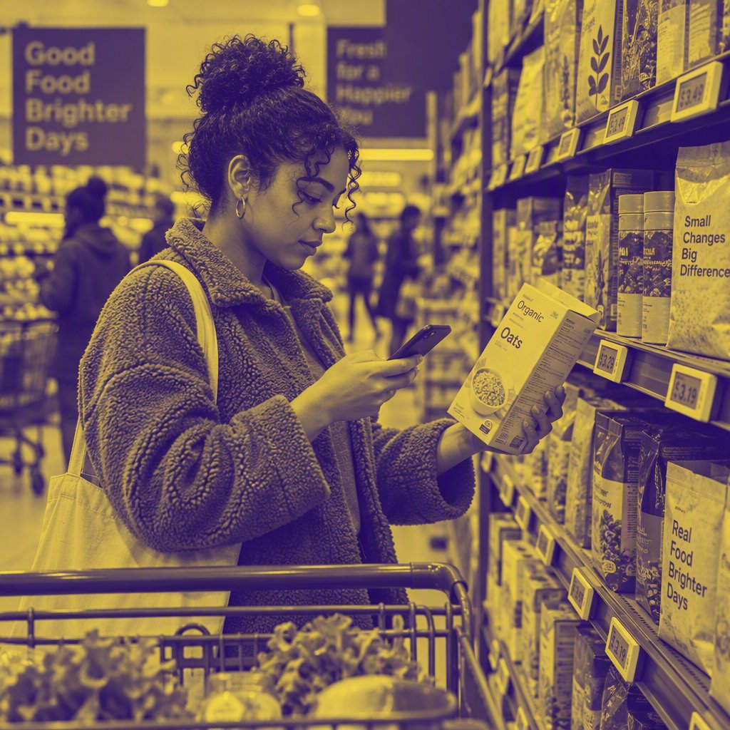 Shopper comparing prices on a smartphone in a grocery aisle with digital shelf labels