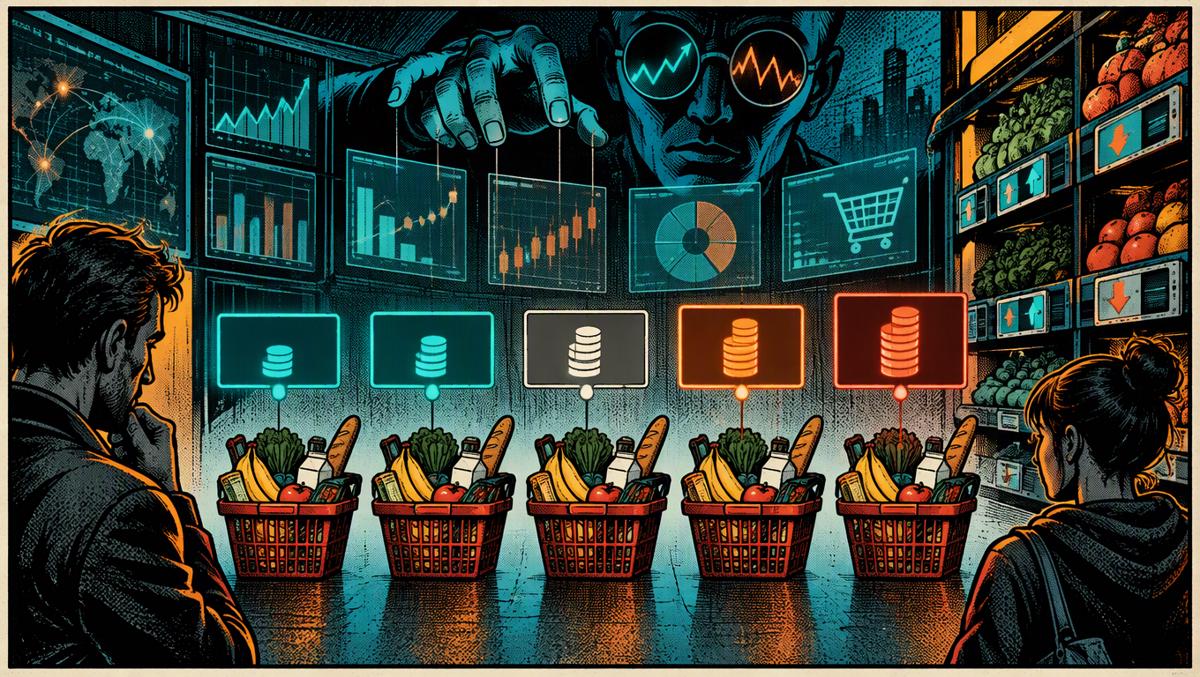 Data visualization scene: algorithmic pricing dashboards and floating financial charts in dark corporate style