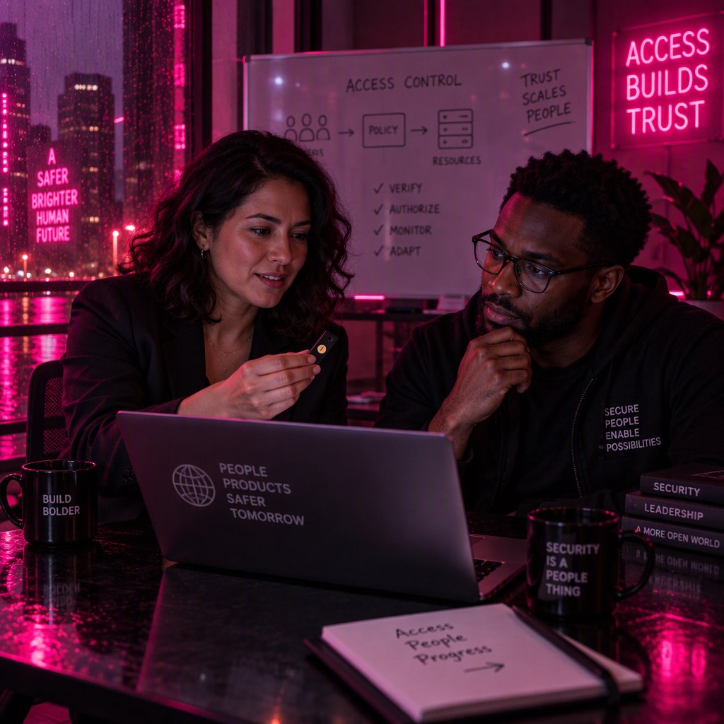 Business owner and security engineer reviewing a hardware security key together