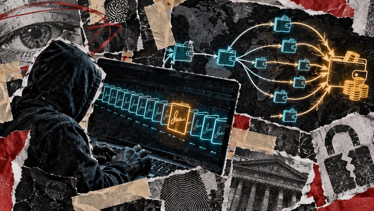 Dark concept art of fifty glowing cryptographic signature blocks in a queue with one highlighted amber, blockchain transaction flows in the background